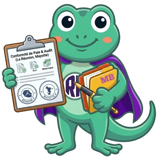 Ti Margo, mascotte de Mon Bureau RH, présentant un document de conformité de paie pour La Réunion et Mayotte
