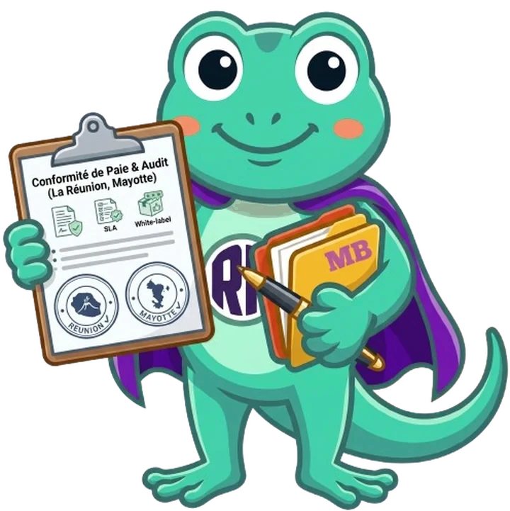 Ti Margo, mascotte Mon Bureau RH, présentant un certificat de conformité de paie et d'audit pour La Réunion et Mayotte